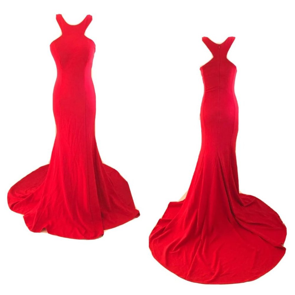 Coya Collection Women Red Maxi Dress Gown Size XS Halter High Low Wedding